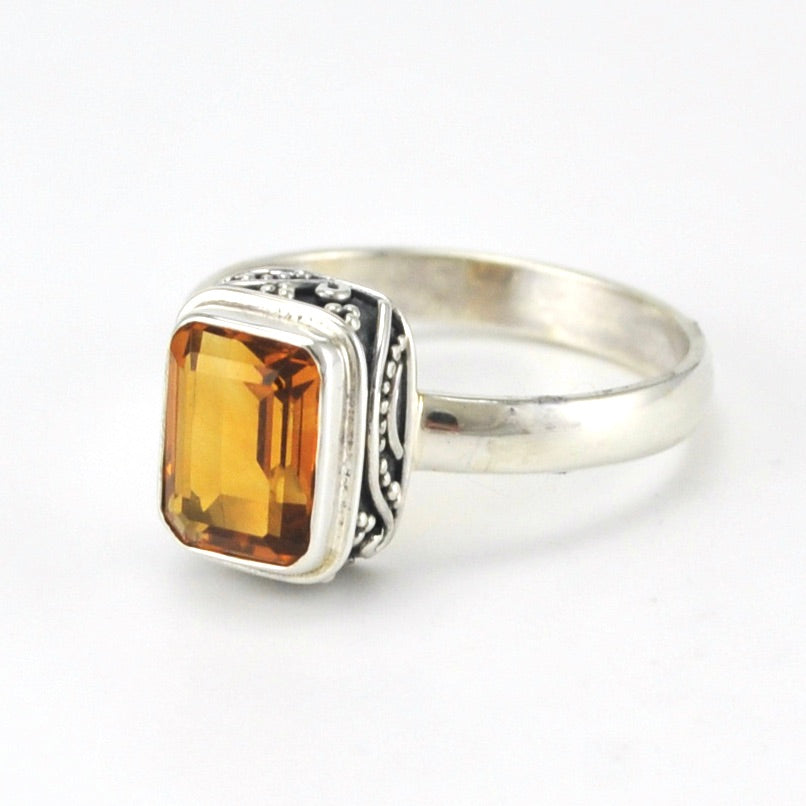 Sterling Silver Citrine 6x8mm Rectangle Bali Ring
