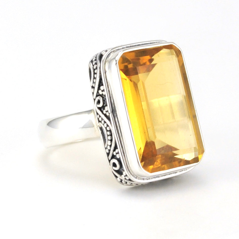 Side View Sterling Silver Citrine 11x17mm Rectangle Bali Ring