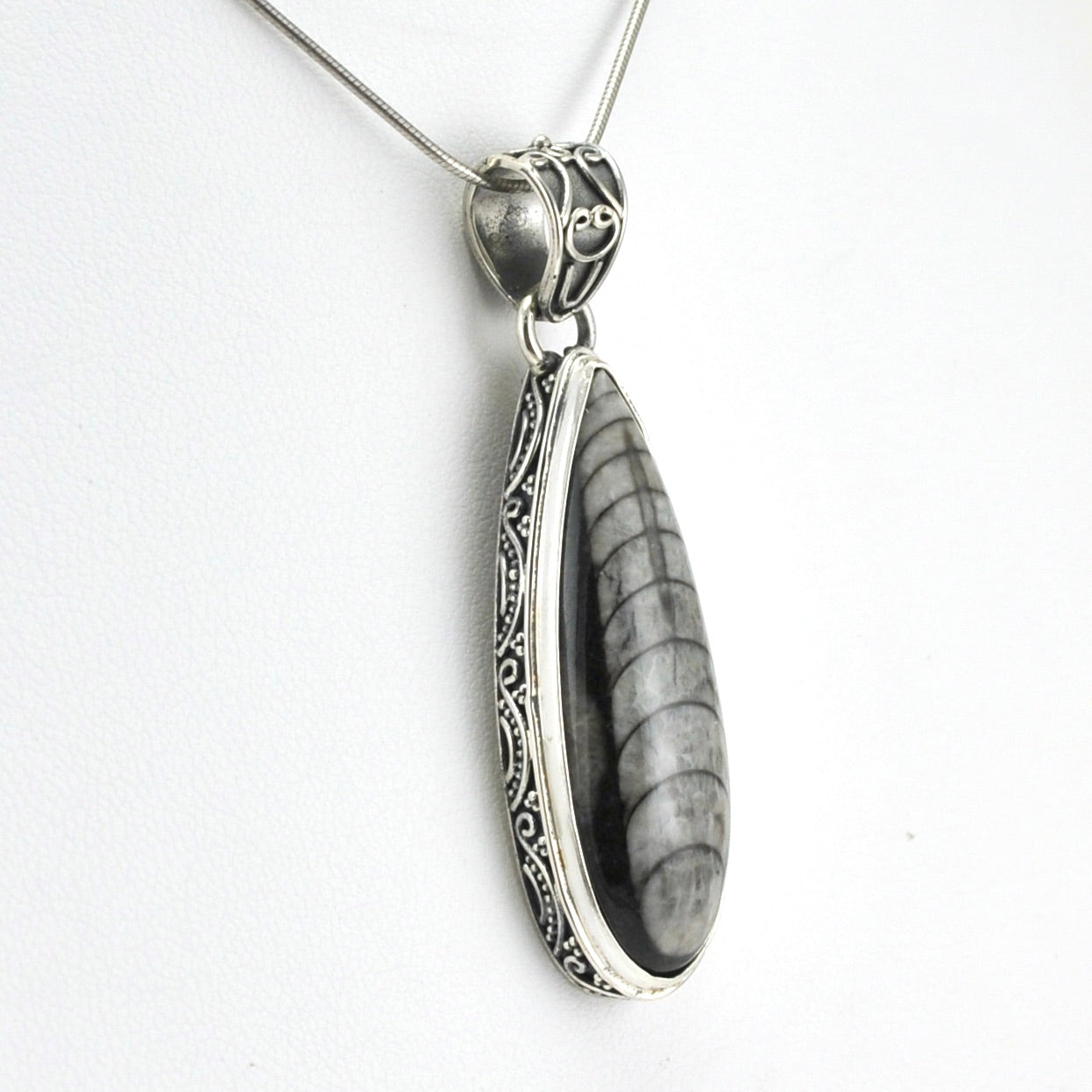 Side View Sterling Silver Orthocerus Fossil Tear Bali Pendant