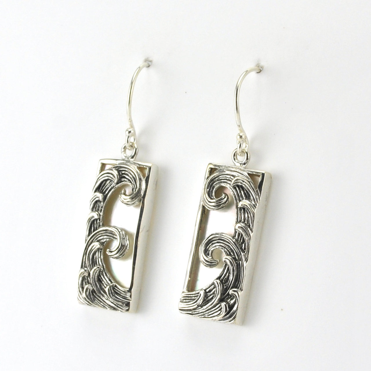 Side View Sterling Silver Mother of Pearl Rectangle Wave Earrings