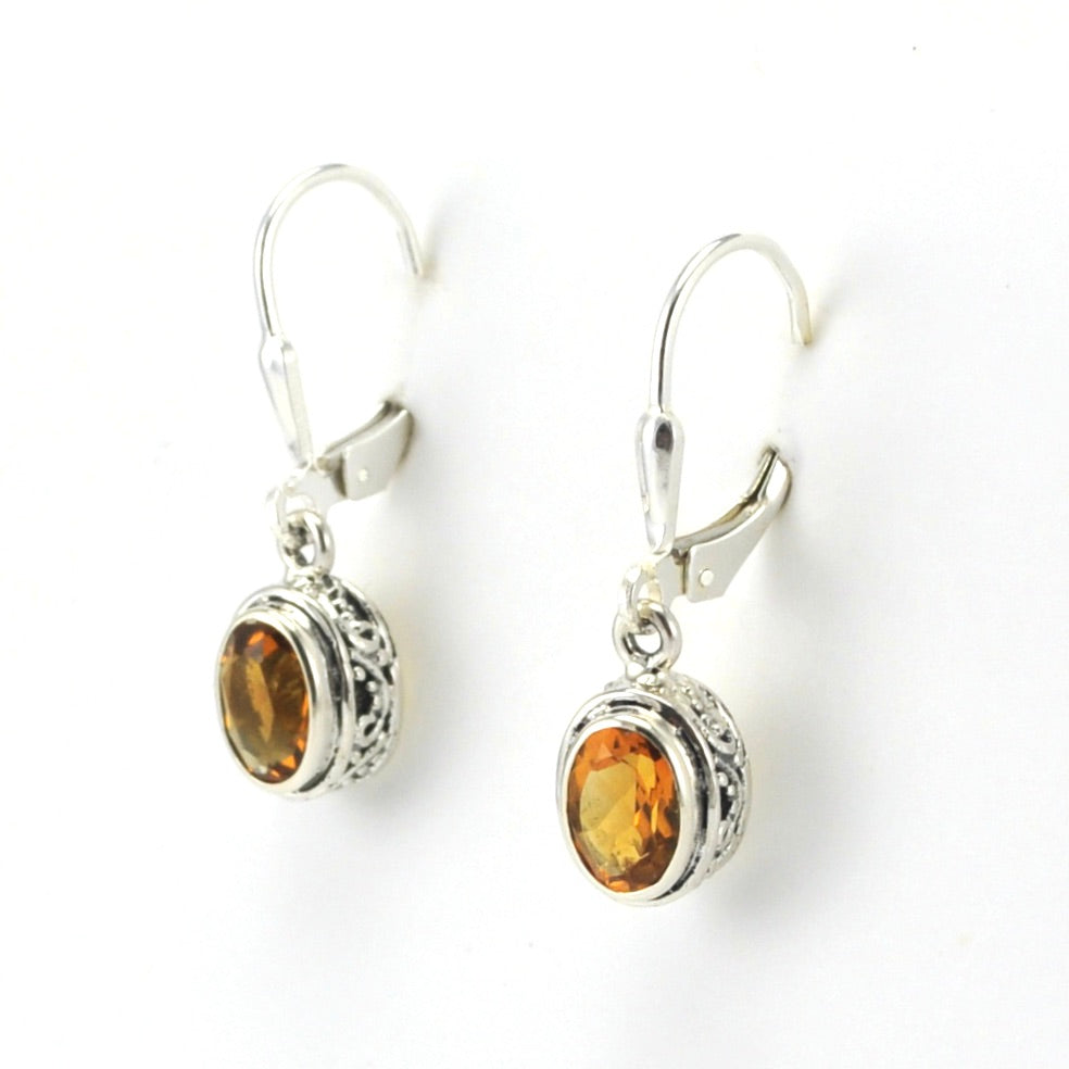Sterling Silver Citrine 5x7mm Oval Bali Dangle Earrings