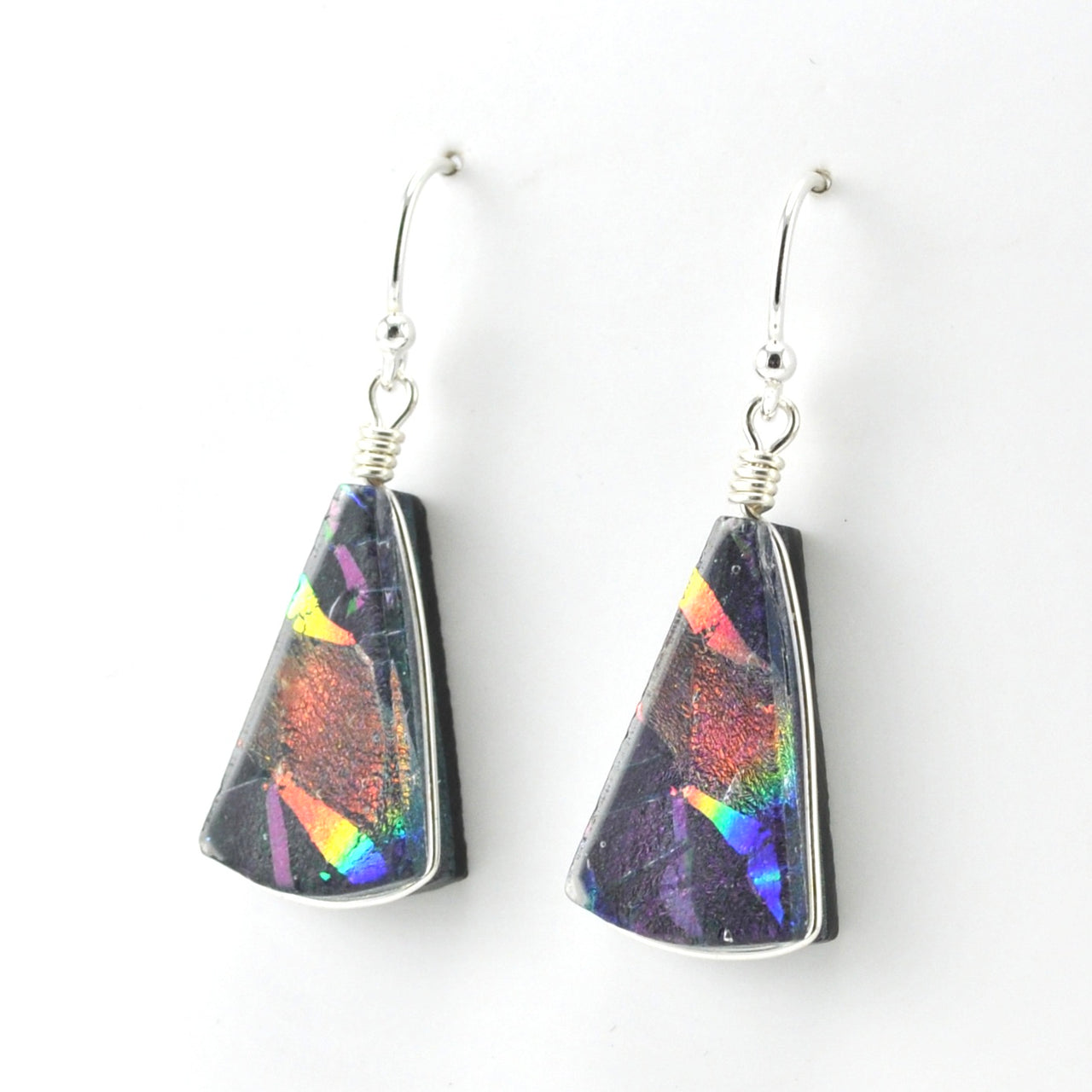 Side View Sterling Silver Dichroic Glass Purple Rainbow Fan Dangle Earrings