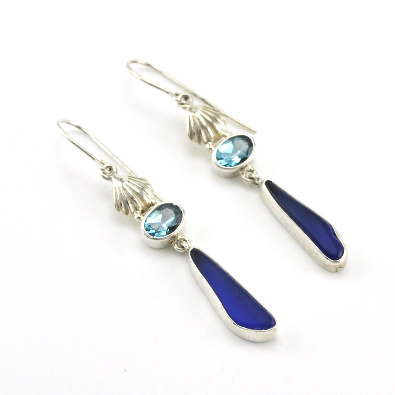 Sterling Silver Seashell Blue Topaz Sea Glass Earrings
