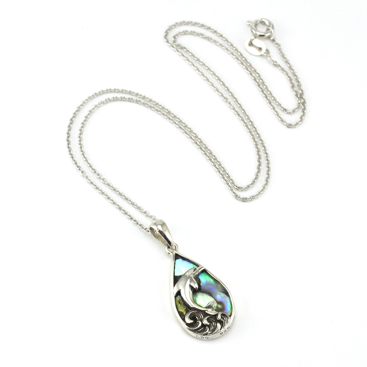 Sterling Silver Abalone Dolphin on Waves Tear Necklace