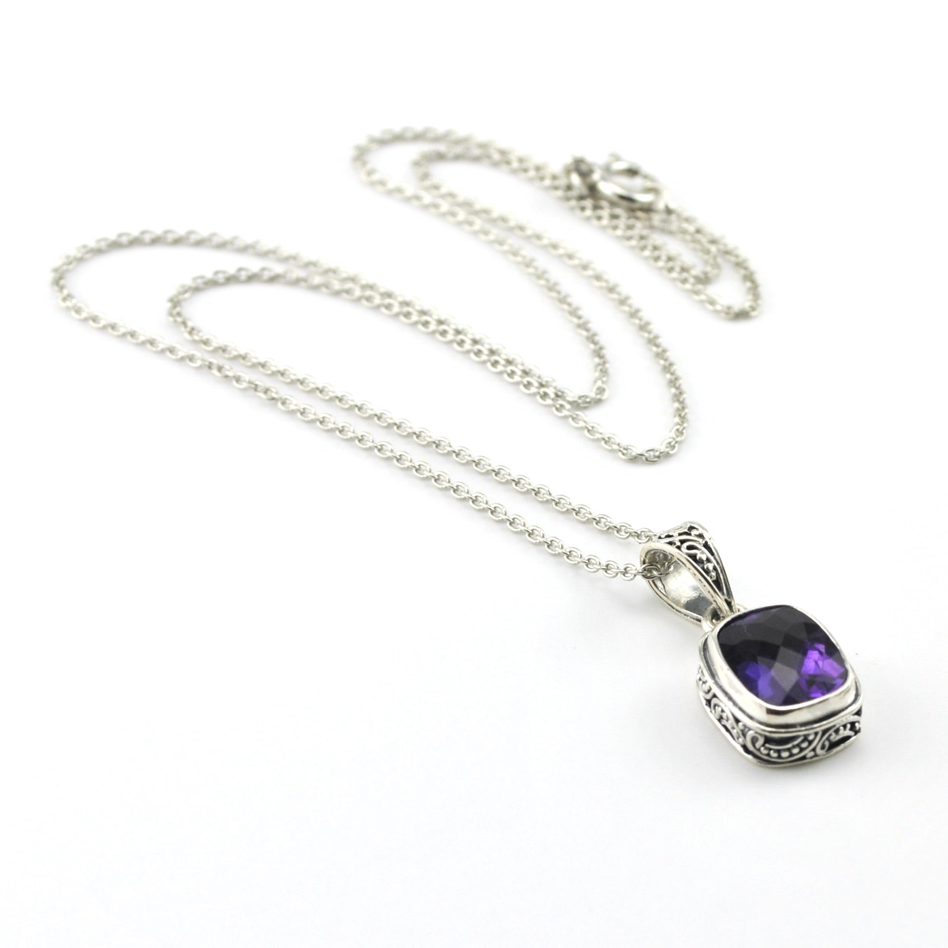 Sterling Silver Amethyst 8x10mm Rectangle Bali Necklace