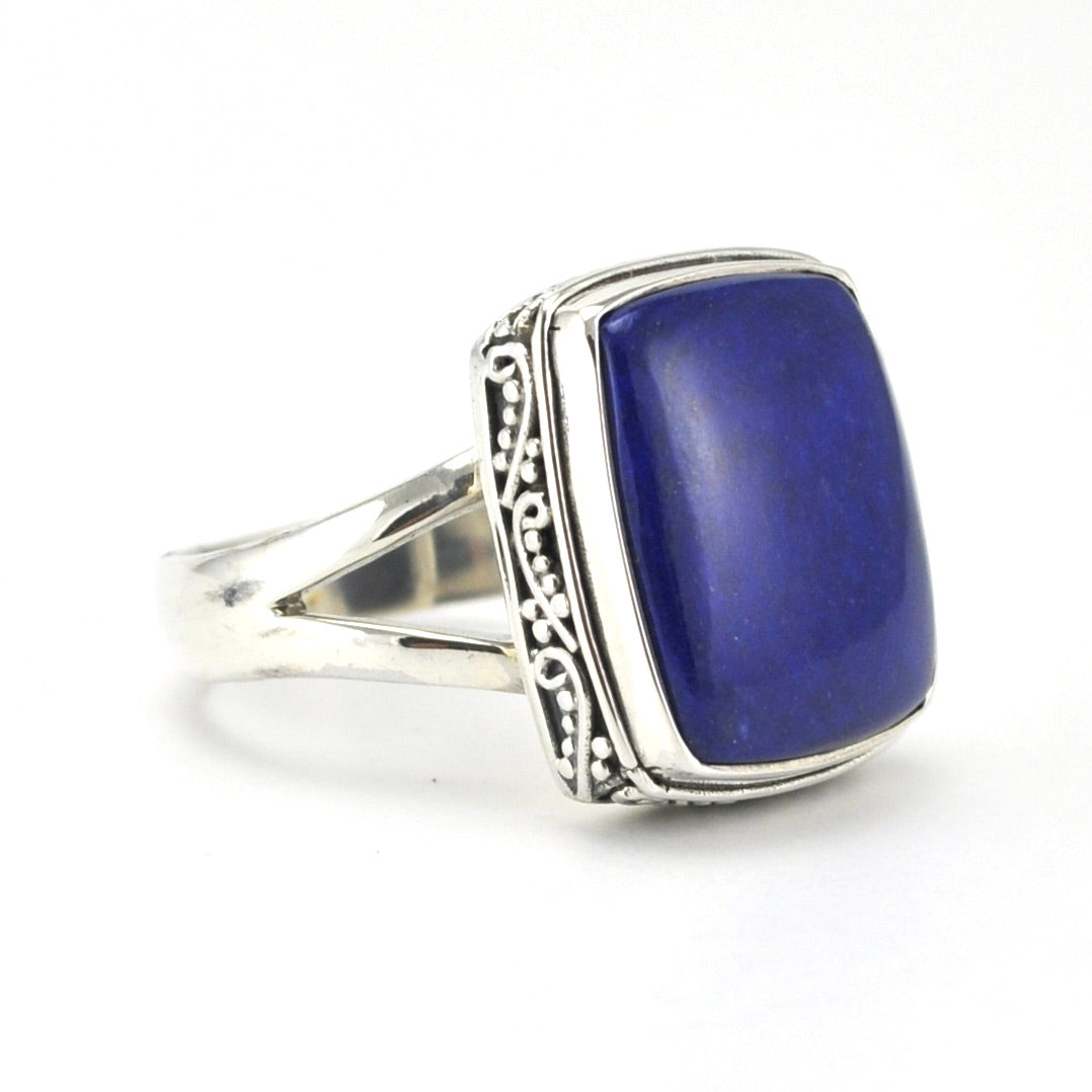Side View Sterling Silver Lapis 14x16mm Rectangle Bali Ring
