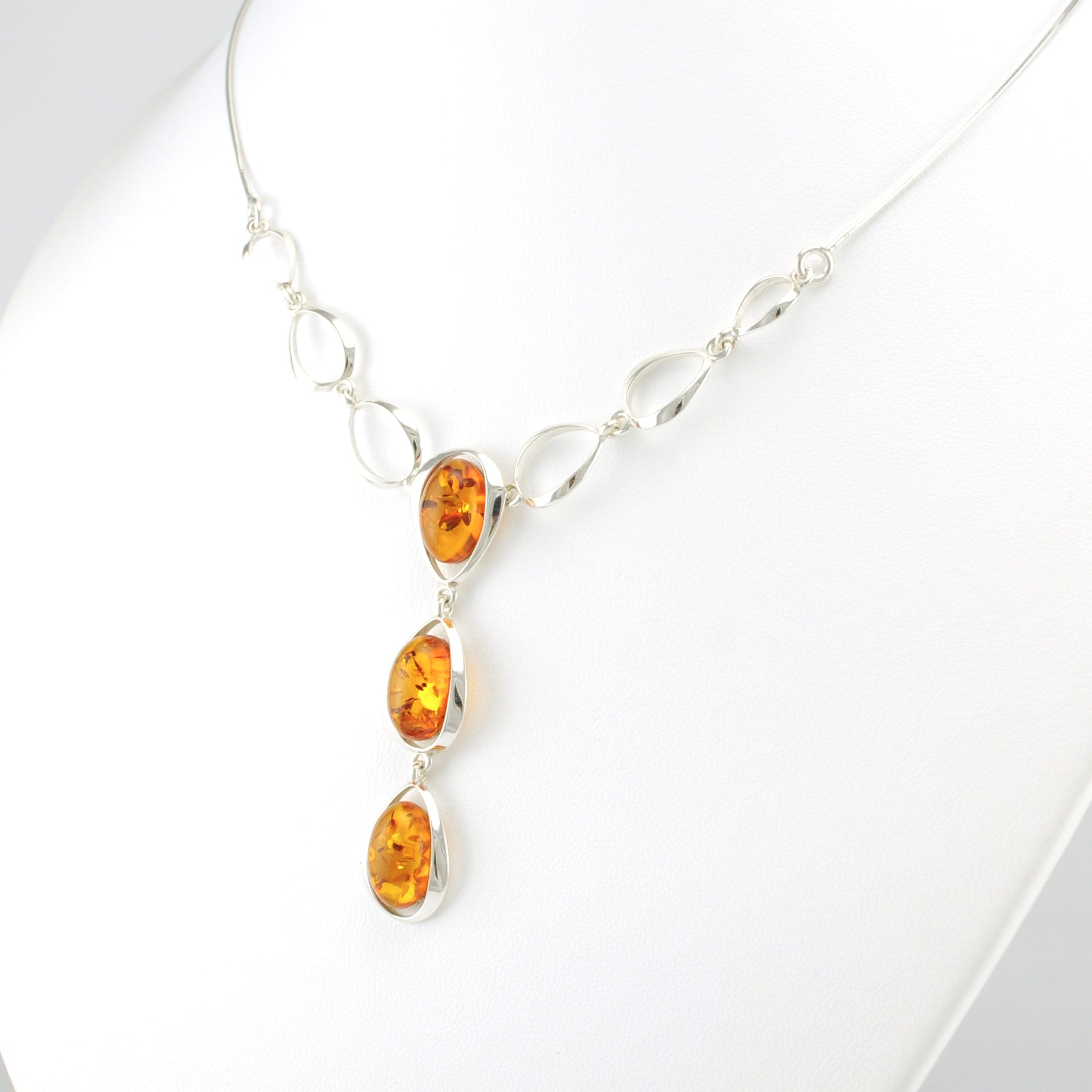 Sterling Silver 3 Oval Baltic Amber Drop Necklace with Open Ovals