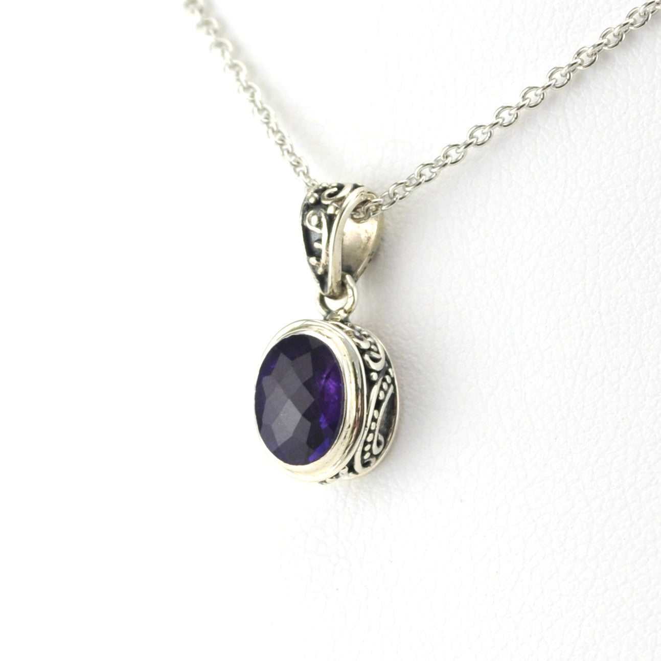 Side View Sterling Silver Amethyst 6x8mm Oval Bali Necklace