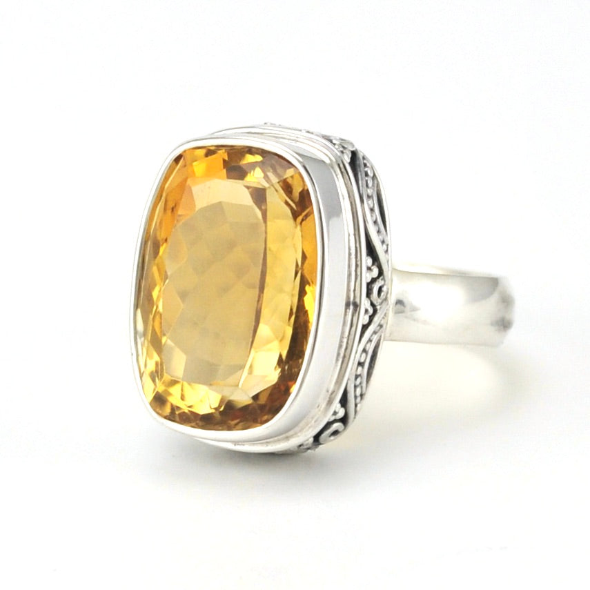 Sterling Silver Citrine 10x15mm Rectangle Bali Ring