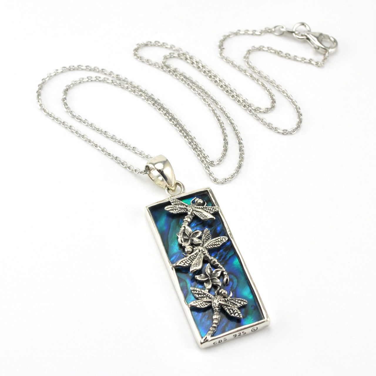 Sterling Silver Blue Abalone 3 Dragonfly Rectangle Necklace