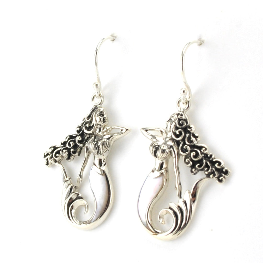 Side VIew Sterling Silver Mermaid with Mother of Pearl Tail Earrings