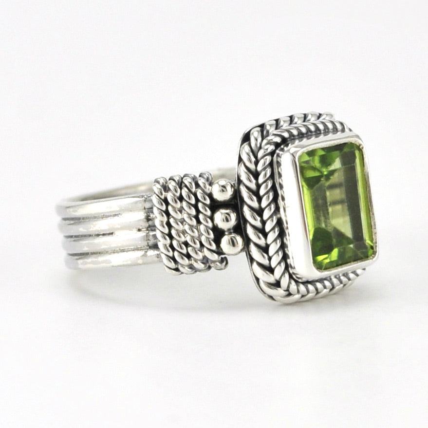 Side View Sterling Silver Peridot 6x8mm Rectangle 4 Band Ring