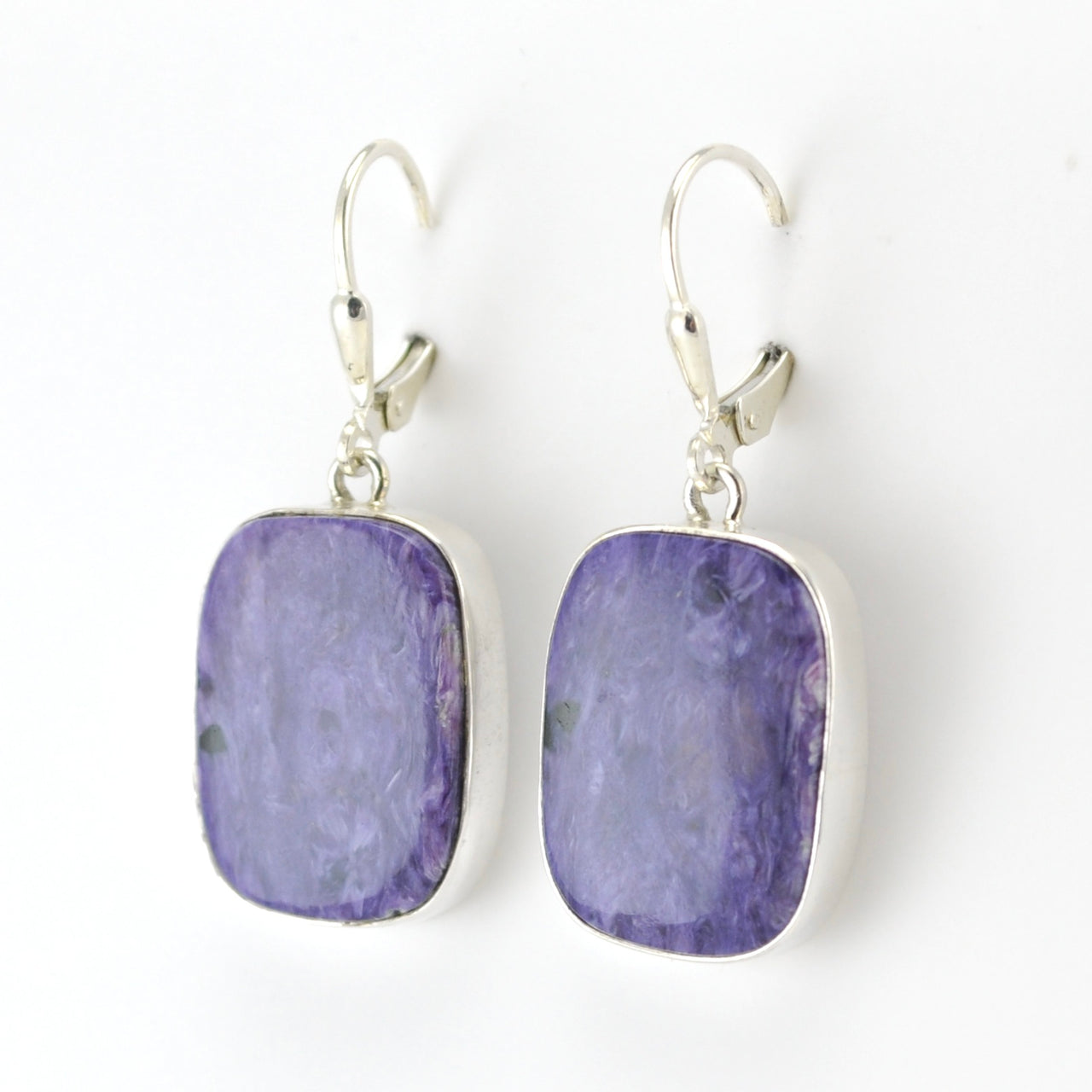 Sterling Silver Charoite Rectangle Dangle Earrings