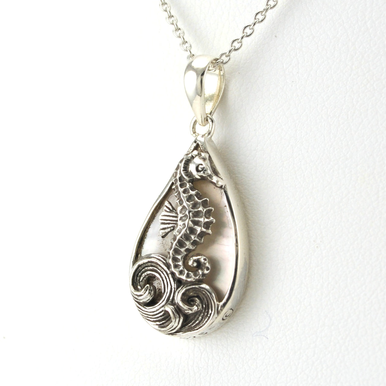 Side View Sterling Silver Mother of Pearl Tear Seahorse Necklace