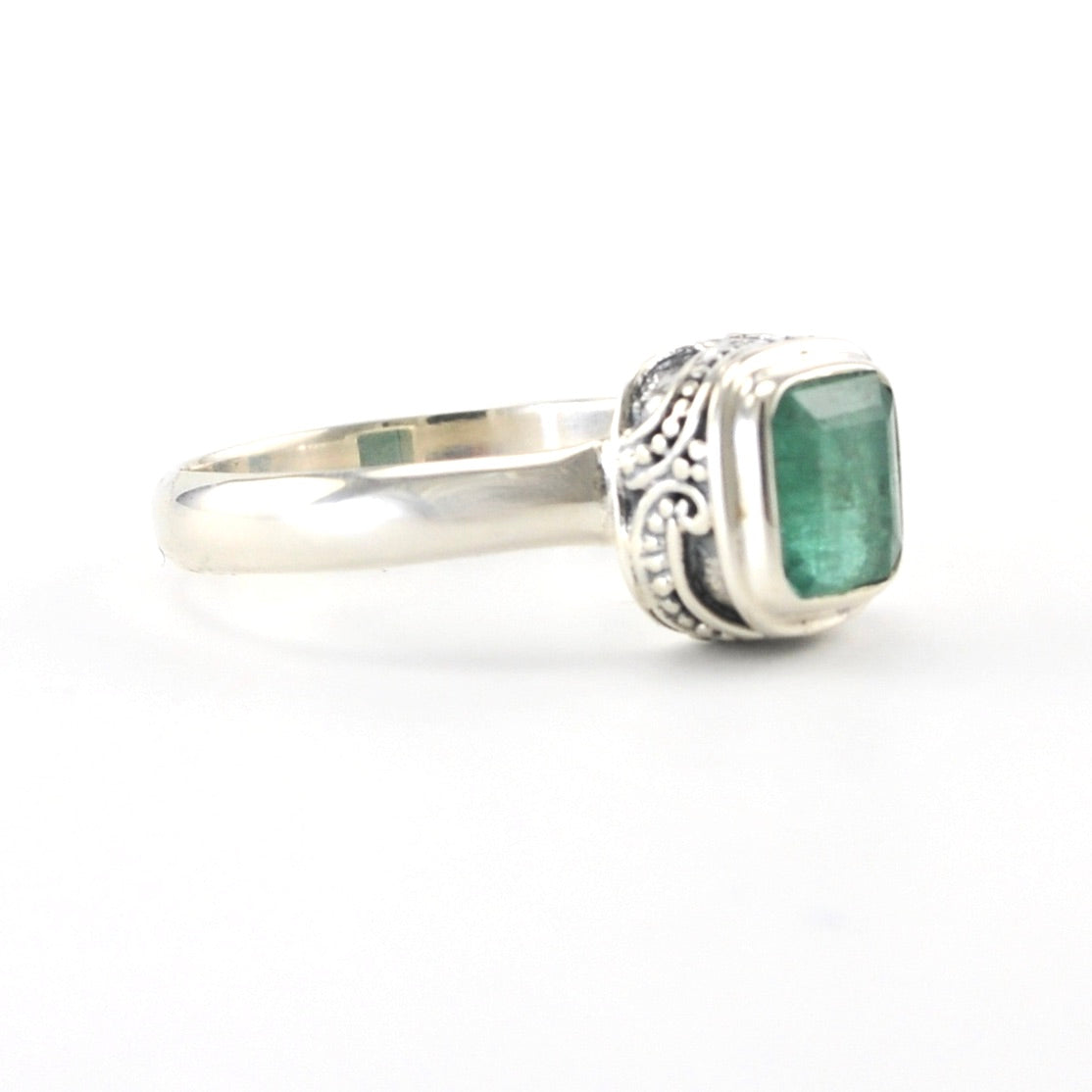 Side View Sterling Silver Emerald 6mm Square Bali Ring