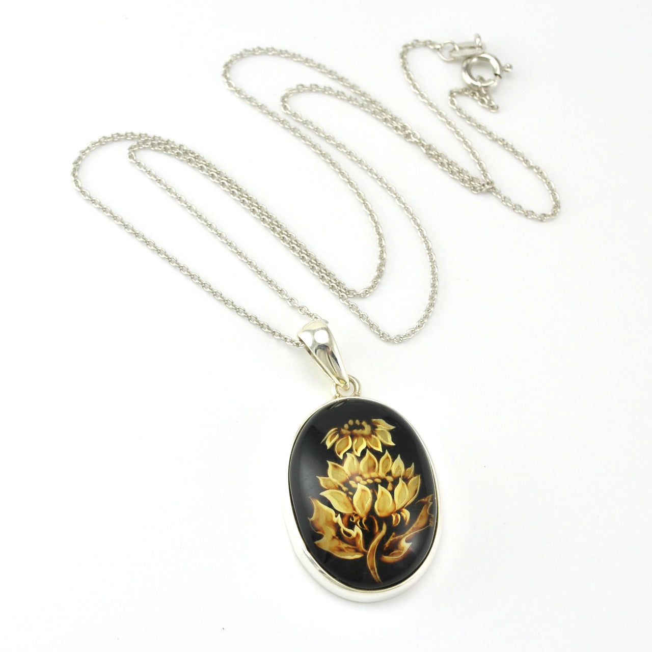 Sterling Silver Amber Intaglio Sunflower Necklace