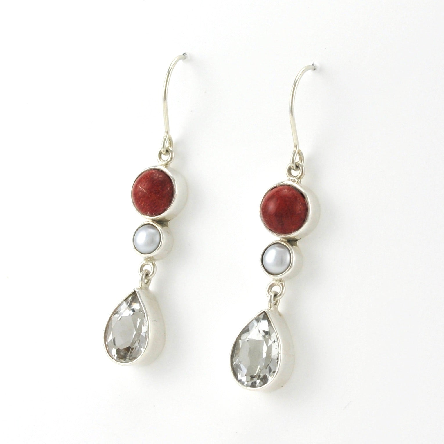 Side View Sterling Silver Coral Pearl White Topaz Earrings