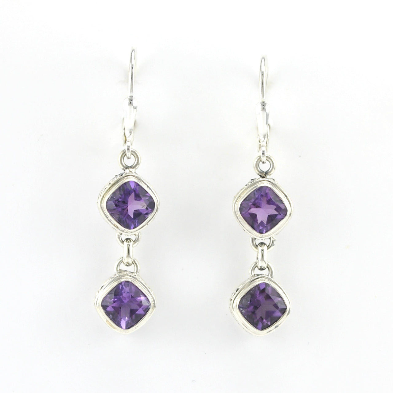 Alt View Sterling Silver Amethyst 2 Offset Square Bali Dangle Earrings
