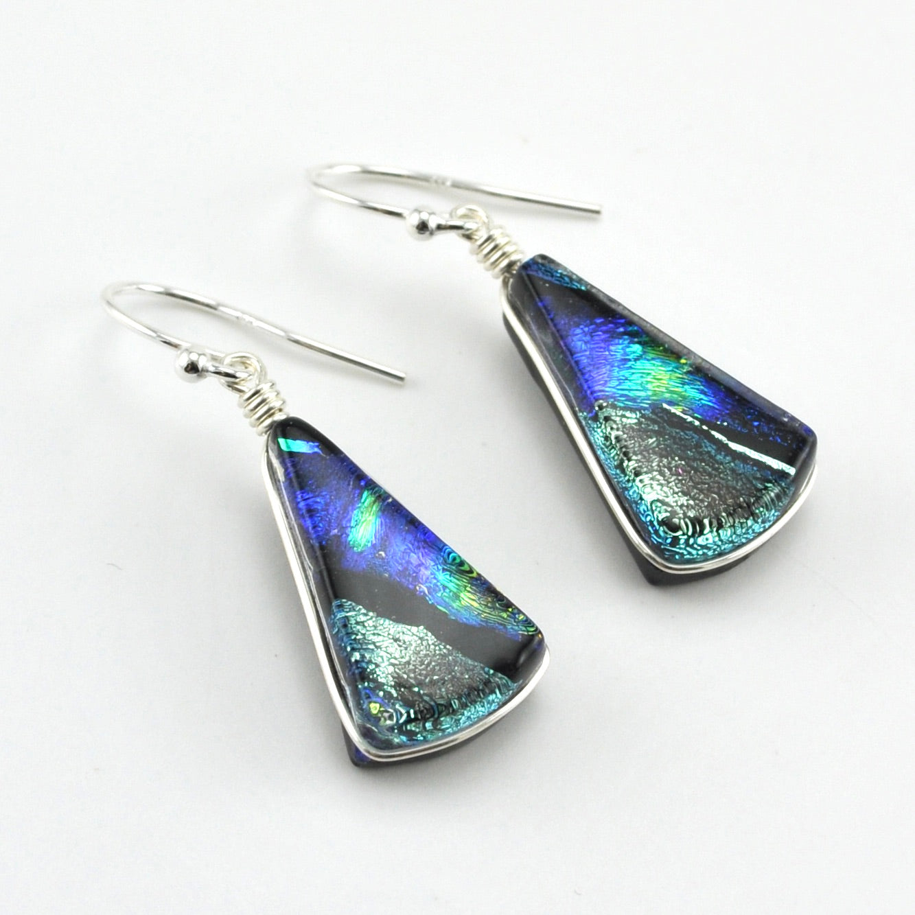 Sterling Silver Dichroic Glass Silver Fan Dangle Earrings