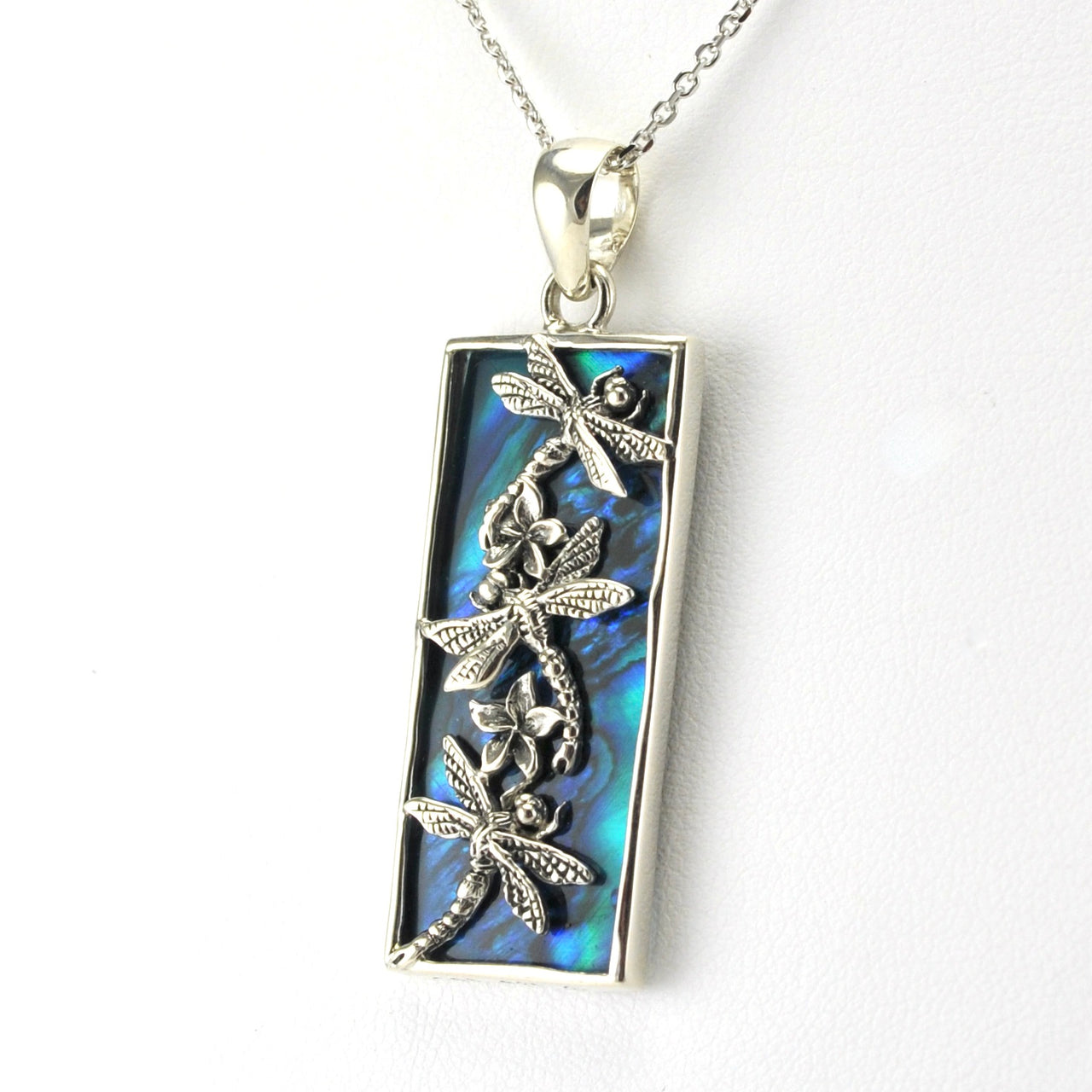 Side View Sterling Silver Blue Abalone 3 Dragonfly Rectangle Necklace