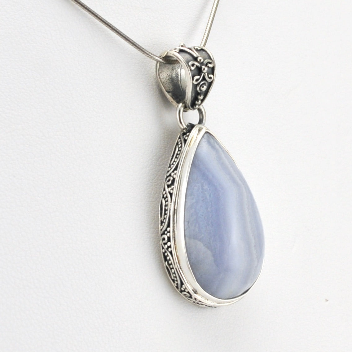 Side View Sterling Silver Blue Lace Agate 16x27mm Tear Pendant