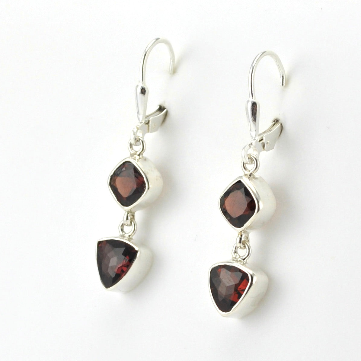 Sterling Silver Garnet Square Trillion Dangle Earrings