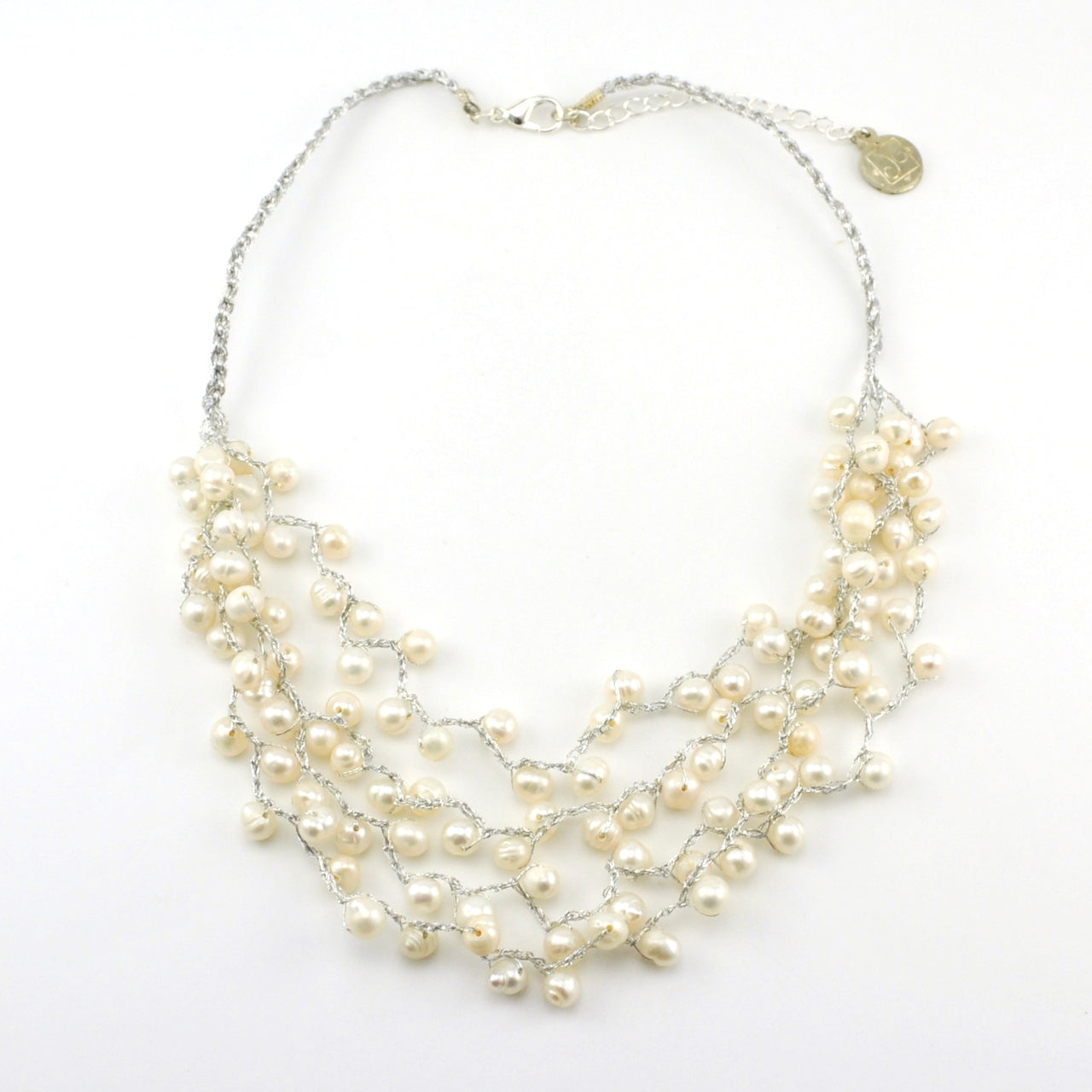 Japanese Silk Cascading White Pearl Necklace
