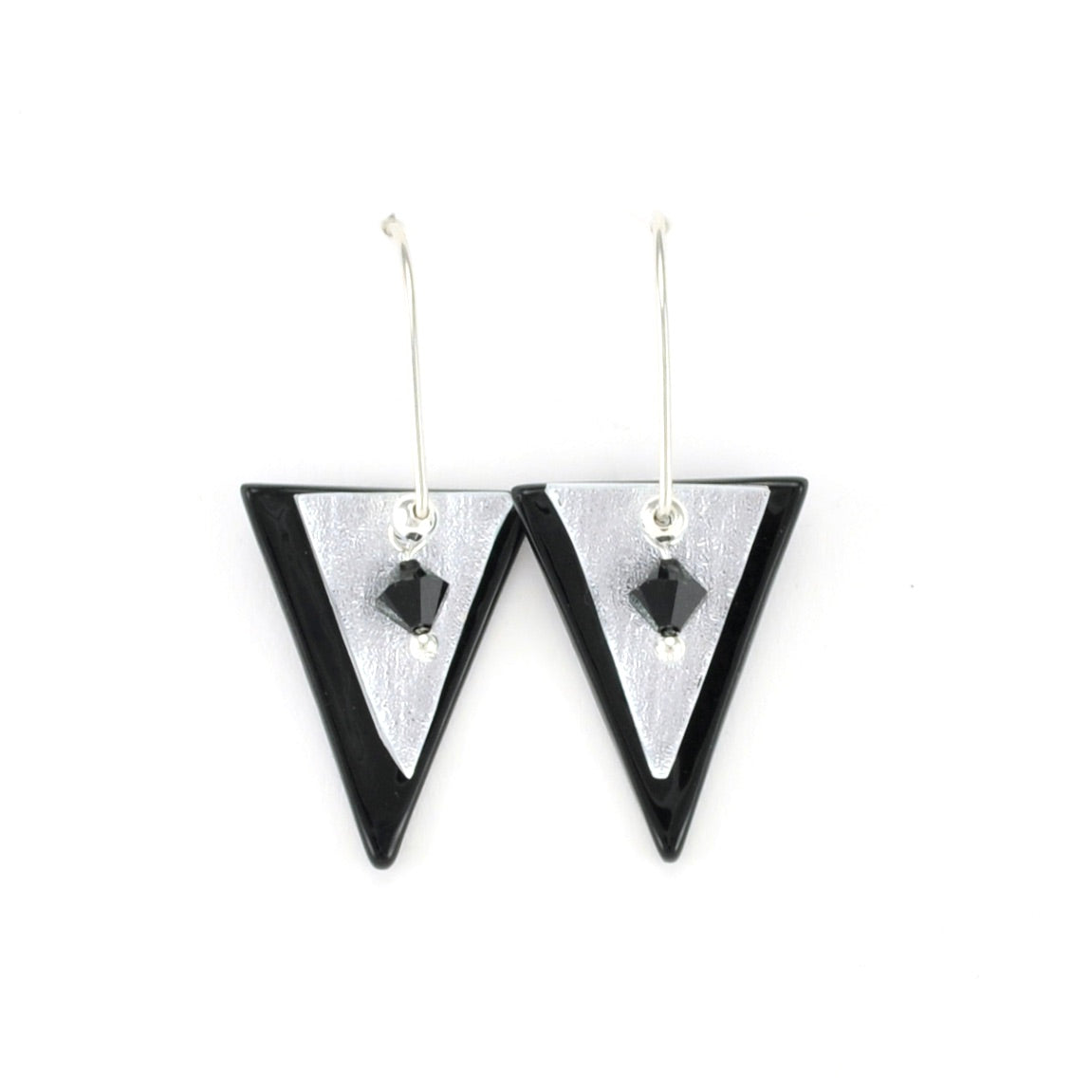 Alt View Handmade Fused Glass Black and Silver Triangle Dangle Earrings