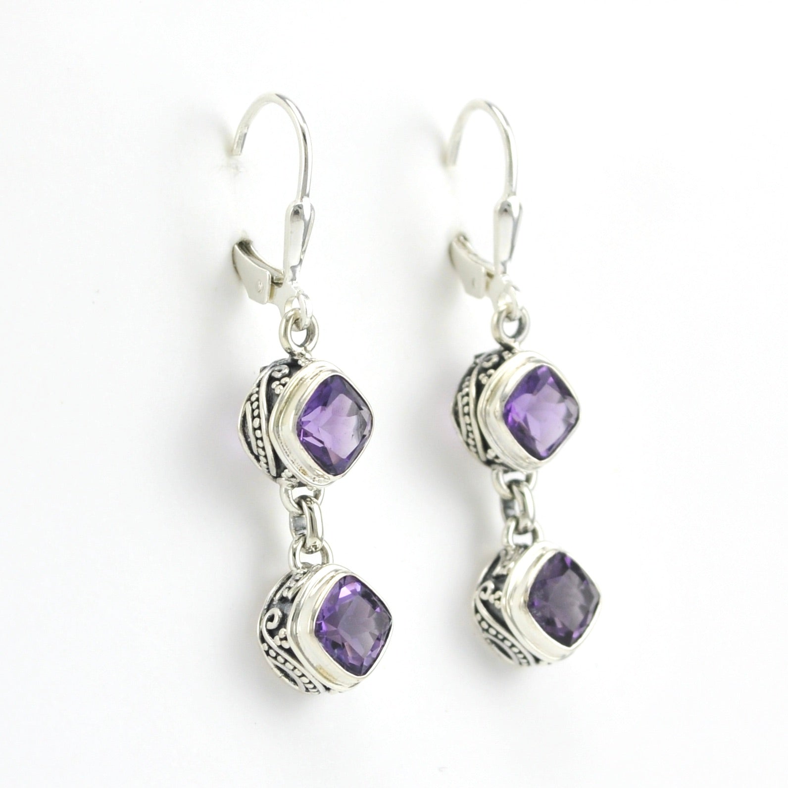 Side View Sterling Silver Amethyst 2 Offset Square Bali Dangle Earrings