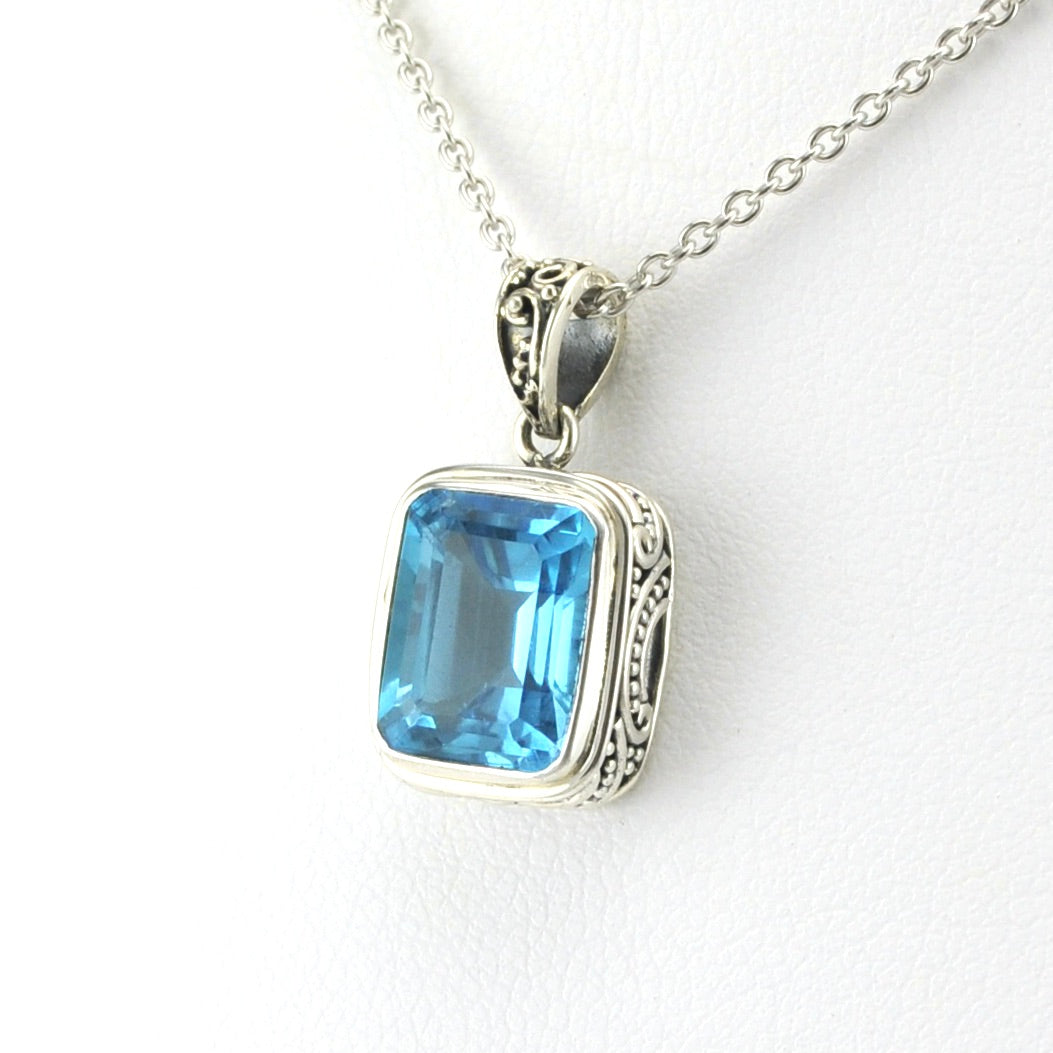 Side View Sterling Silver Blue Topaz 8x10mm Rectangle Bali Necklace