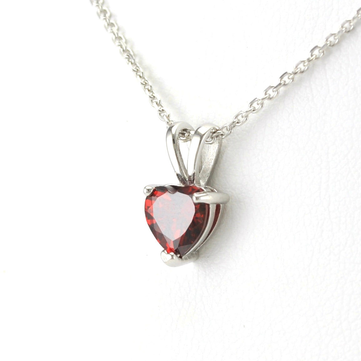 Side View Sterling Silver Garnet CZ Heart Necklace