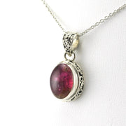 Side View Sterling Silver Pink Tourmaline Oval Bali Necklace