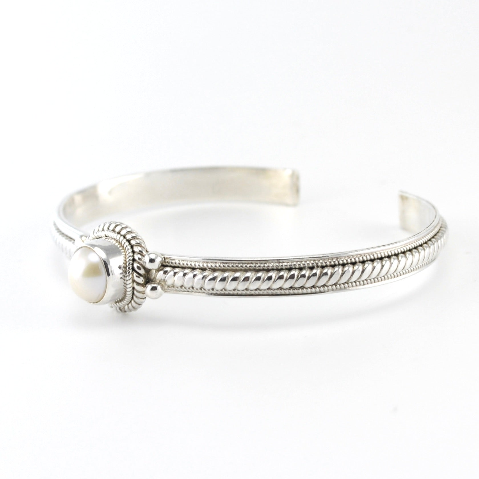 Side View Sterling Silver Pearl Cuff Bracelet