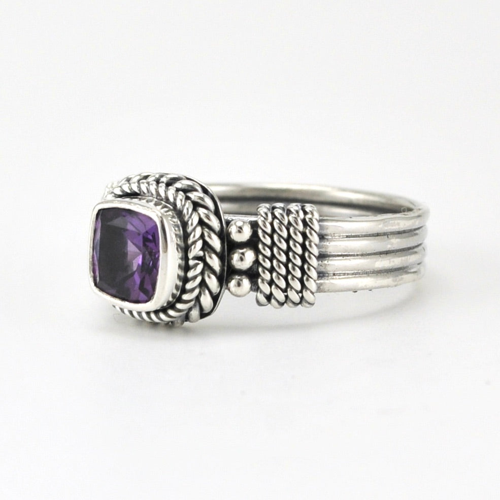 Side View Sterling Silver Amethyst 6mm Square 4 Band Ring