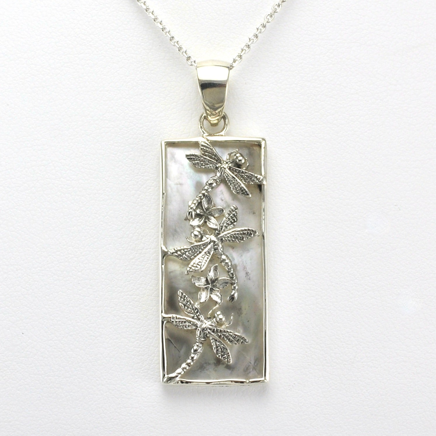 Alt View Sterling Silver Mother of Pearl 3 Dragonfly Rectangle Necklace