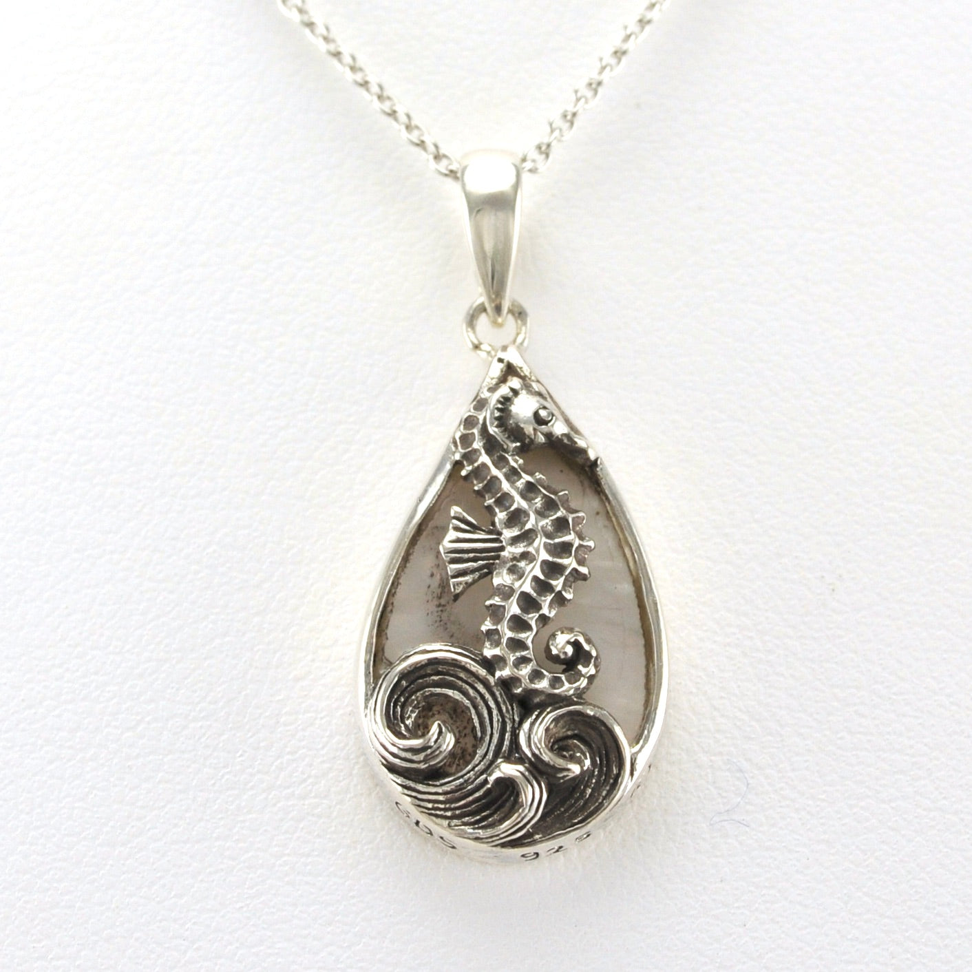 Alt View Sterling Silver Mother of Pearl Tear Seahorse Necklace