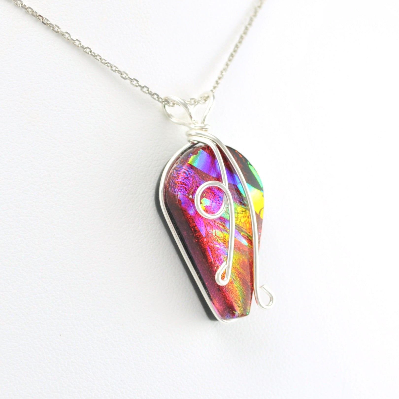 Side View Dichroic Glass Rainbow Red Small Wisteria Pendant