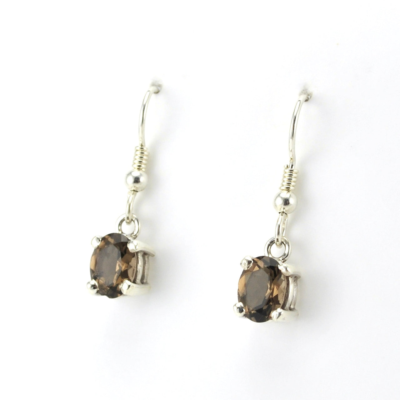 Side View Sterling Silver Smoky Quartz 6x8mm Oval Prong Set Dangle Earrings