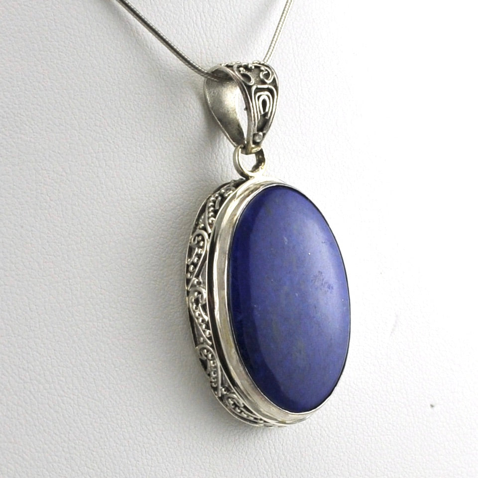 Side View Sterling Silver Lapis 18x26mm Oval Bali Pendant