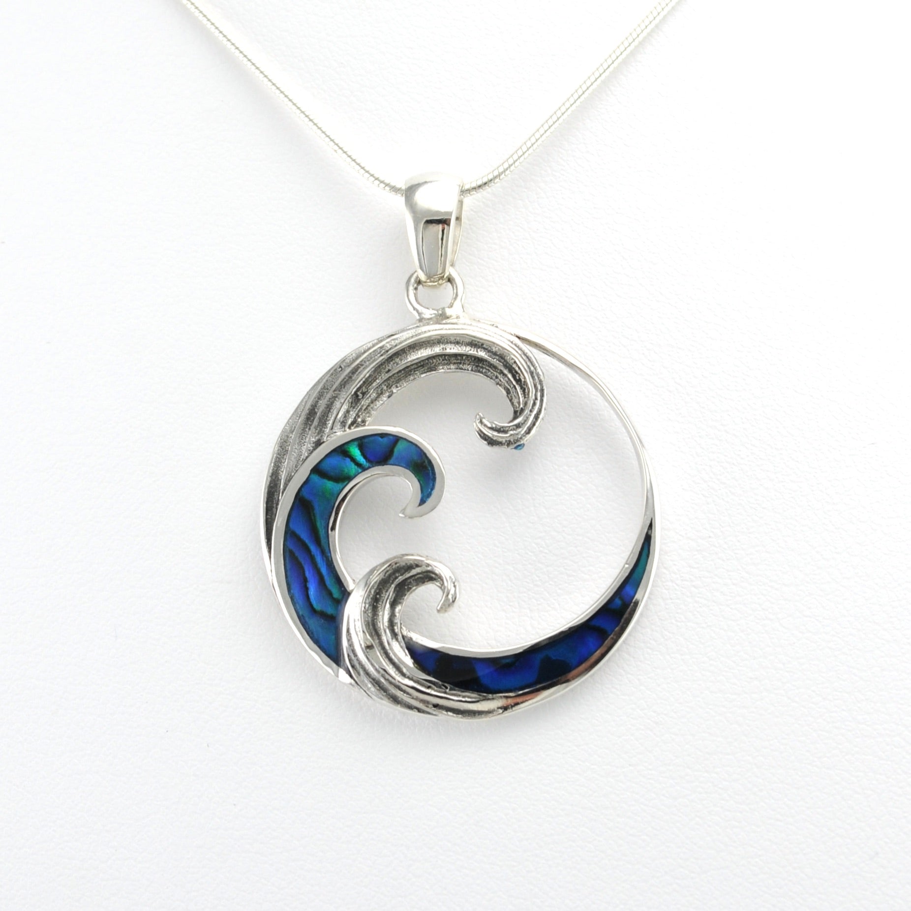Alt View Sterling Silver Blue Abalone Wave Pendant