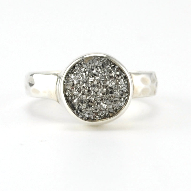 Sterling Silver Platinum Druzy Agate Small Round Ring