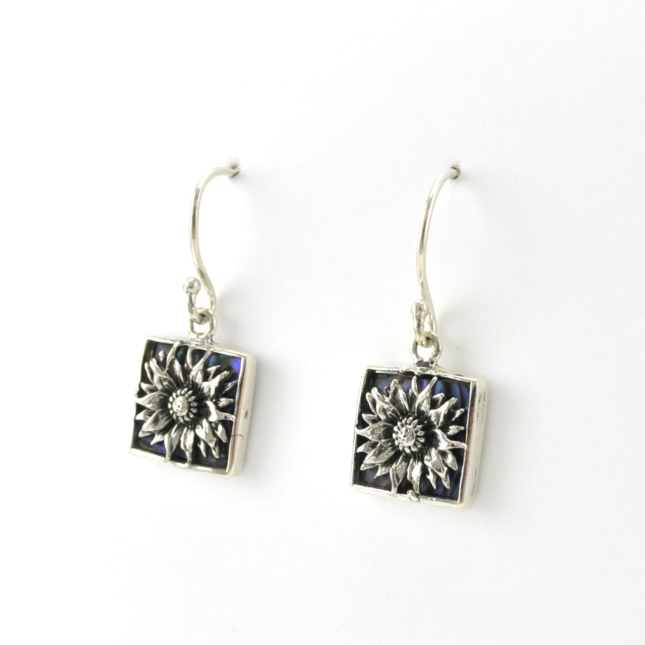 Side View Sterling Silver Abalone Sunflower Square Earrings