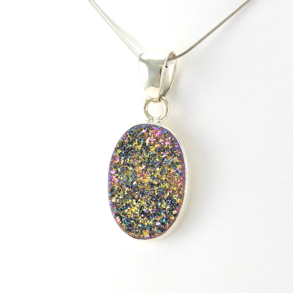 Sterling Silver Rainbow Druzy Agate Oval Pendant