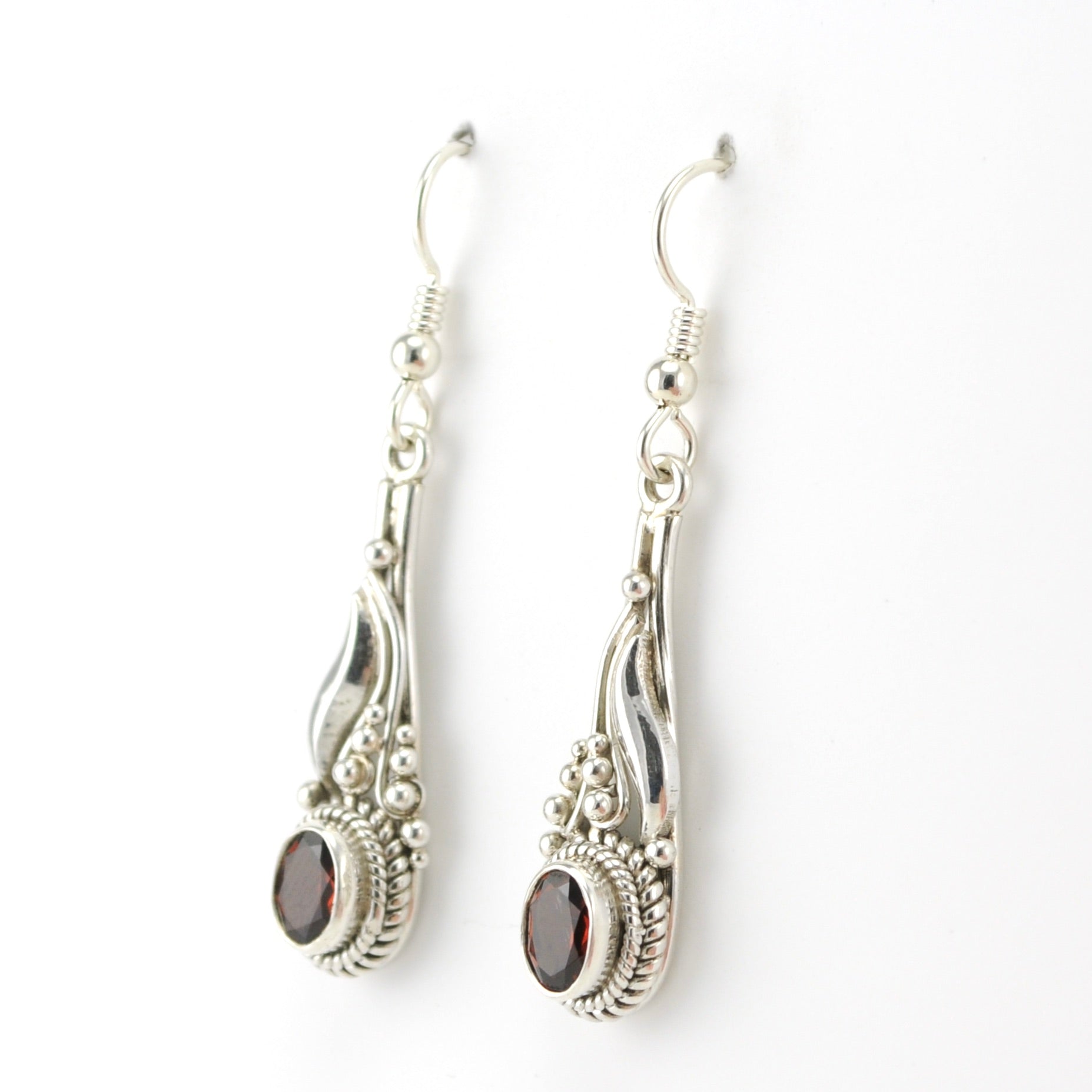 Sterling Silver Garnet Oval Dangle Earrings
