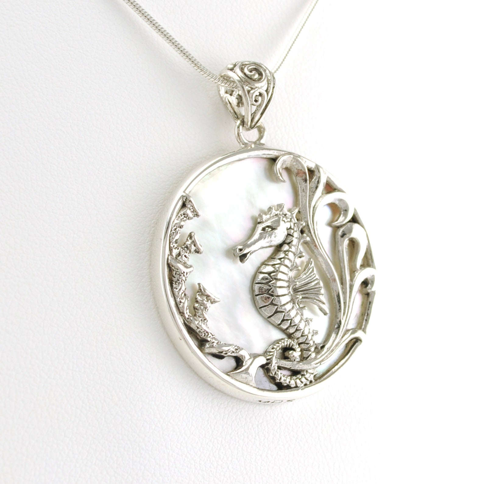 Side View Sterling Silver Mother of Pearl Seahorse Pendant