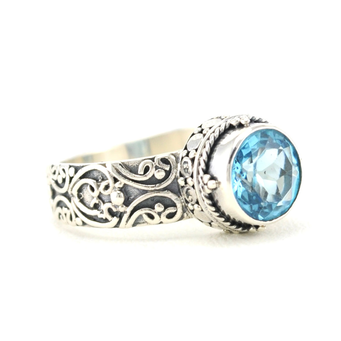 Side View Sterling Silver Blue Topaz 8mm Round Bali Ring 