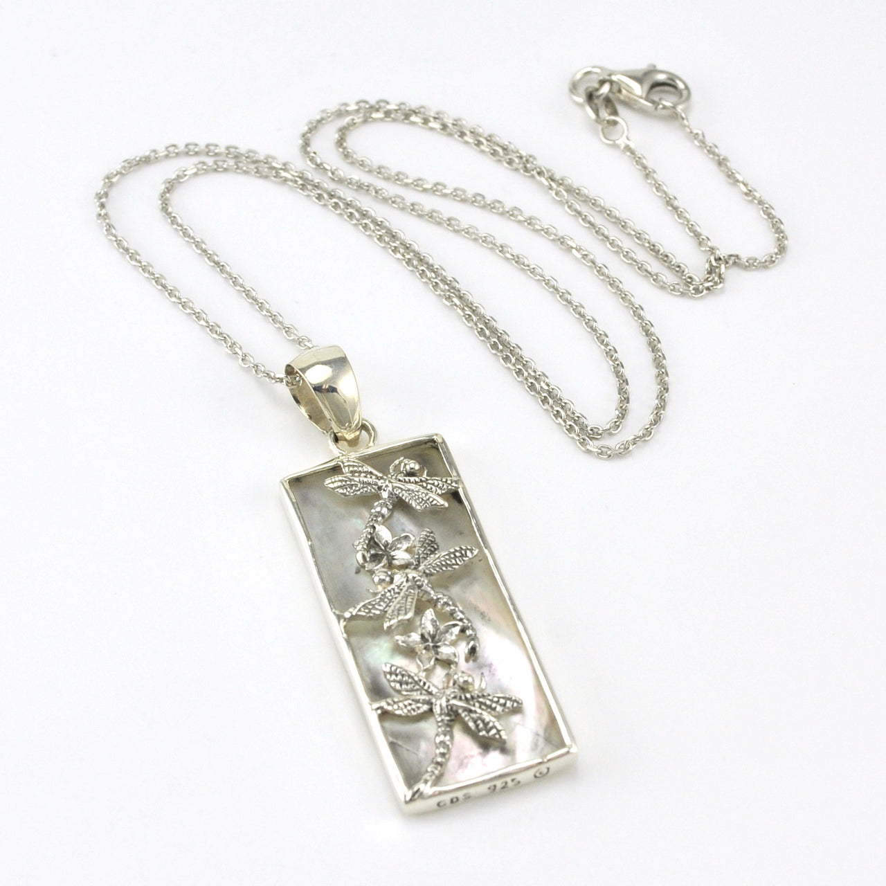 Sterling Silver Mother of Pearl 3 Dragonfly Rectangle Necklace