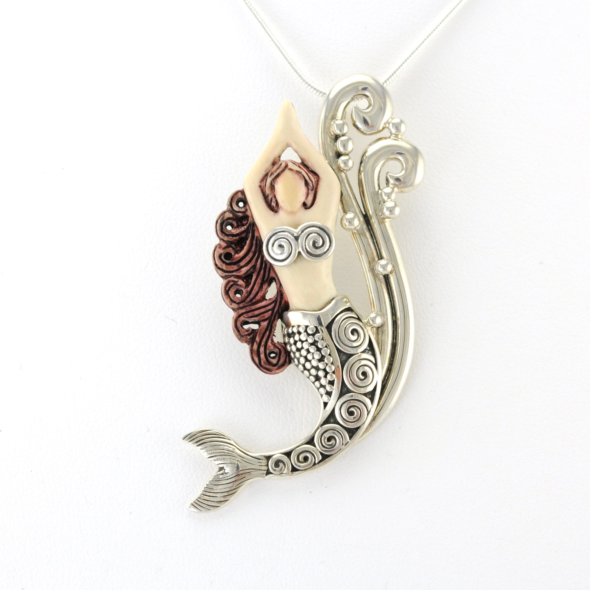 Alt View Fossilized Ivory with Sterling Silver Water Spirit Mermaid Pendant