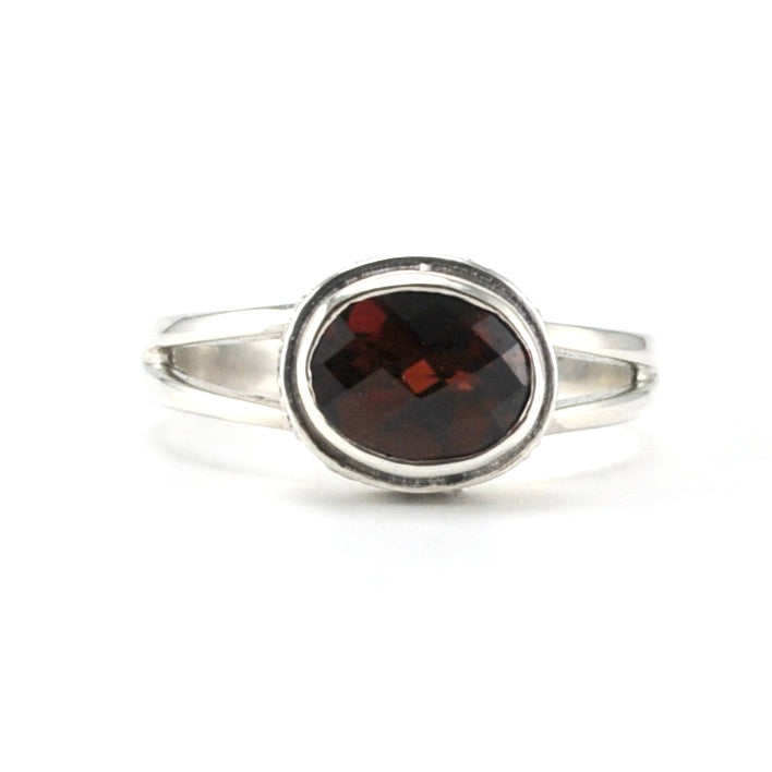 Alt View Sterling Silver Garnet 6x8mm Side Oval Bali Ring