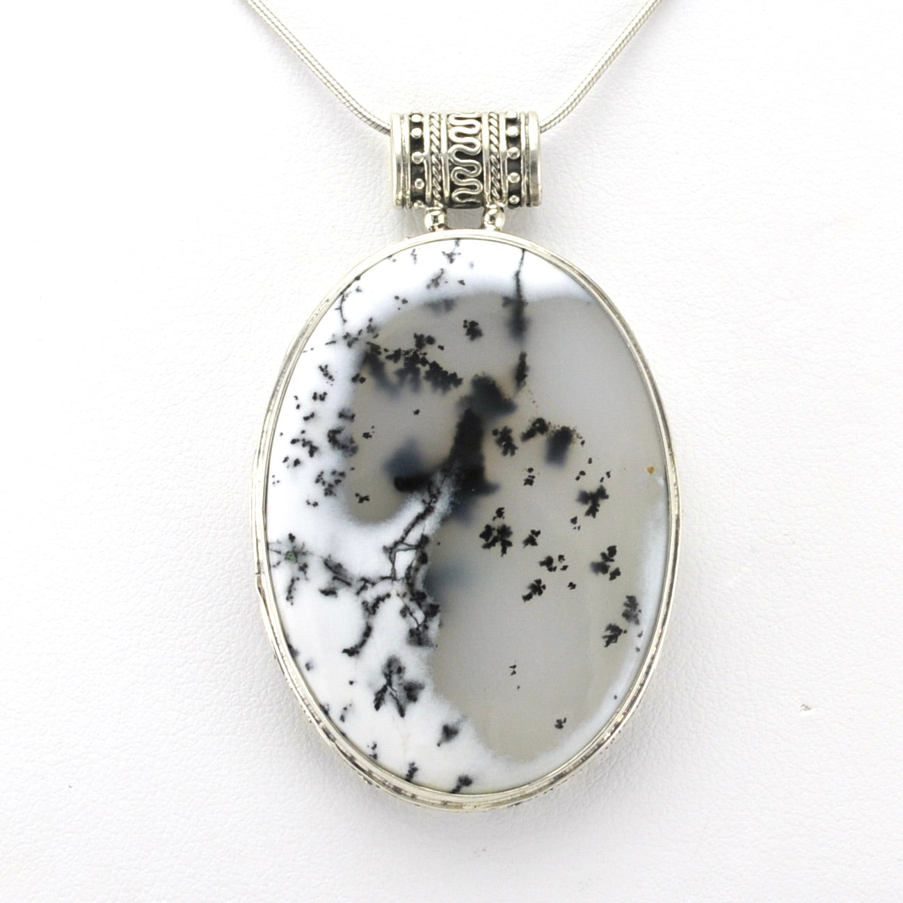 Alt View Sterling Silver Dendritic Agate 30x40mm Oval Bali Pendant